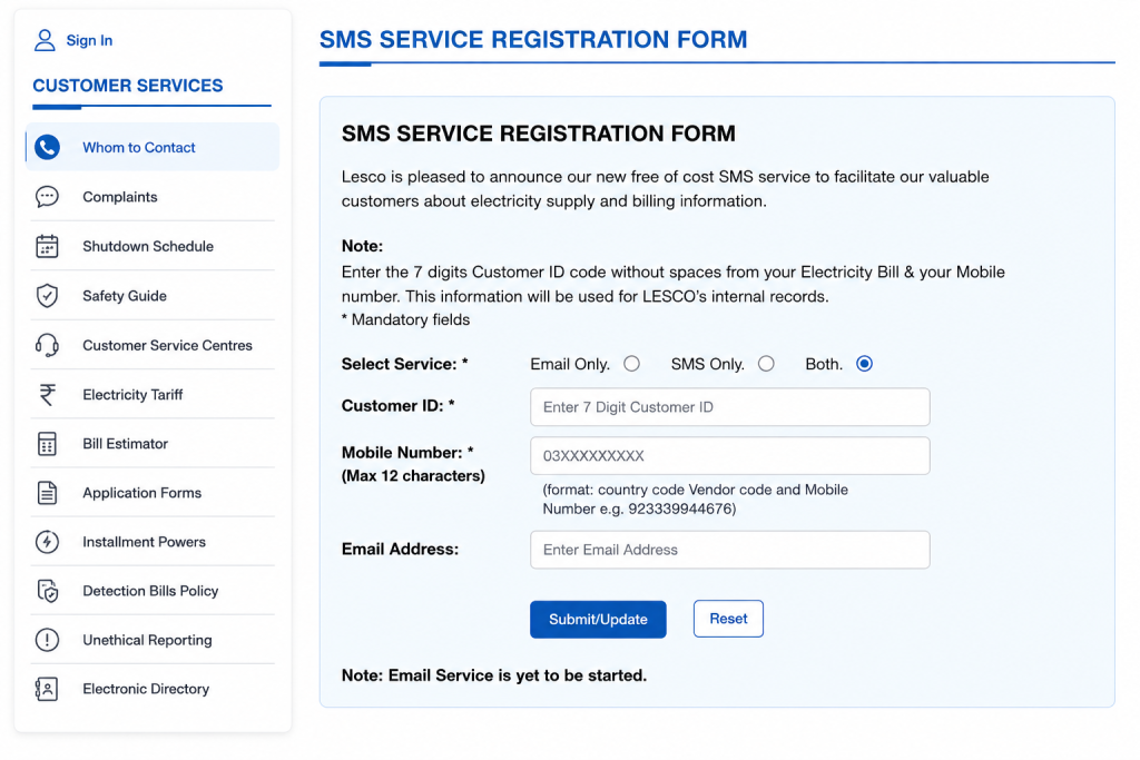 LESCO SMS/Email Registration 2026